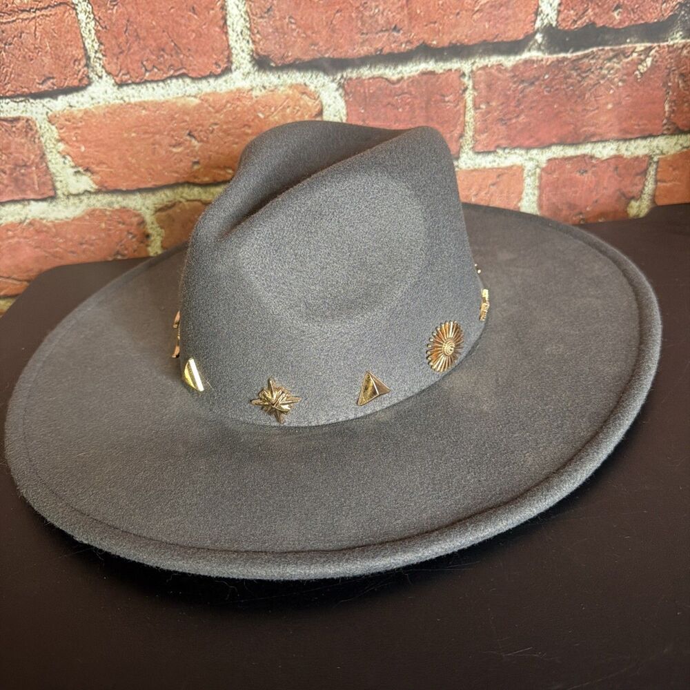 Anthropologie Charm-Trimmed Rancher Women's Hat Dark Grey Felt Boho Festival